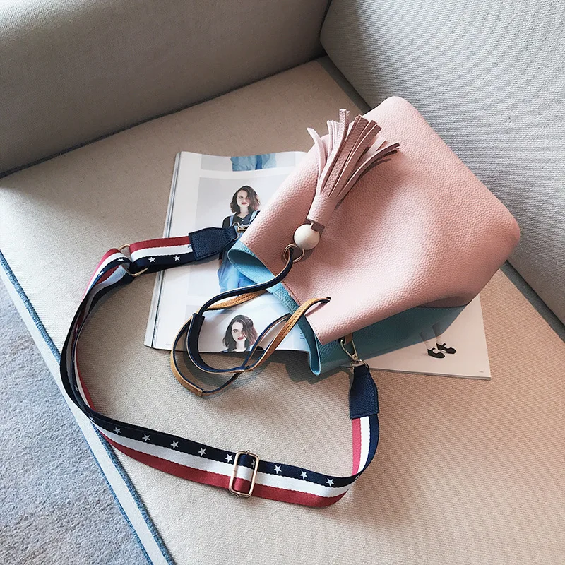 

2019 New Style Wooden Bead Tassels Bucket Bag Two-Piece Set Send Purse Star Wide-Strap Shoulder Hand Women's
