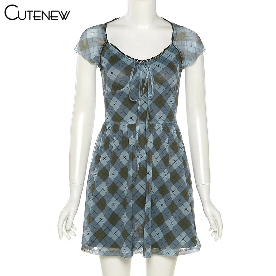 Cutenew Lattice Pattern A-Line Short Sleeve Mini Dress For Womens Clothes 2021 Summer Casual Stretch Comfortable Lady Streetwear