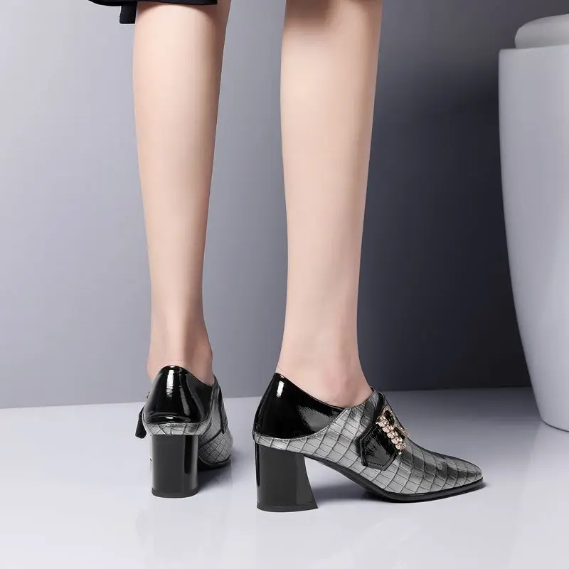 ALLBITEFO real genuine leather women heels spring autumn rhinestone office ladies shoes Square toe concise high heel shoes
