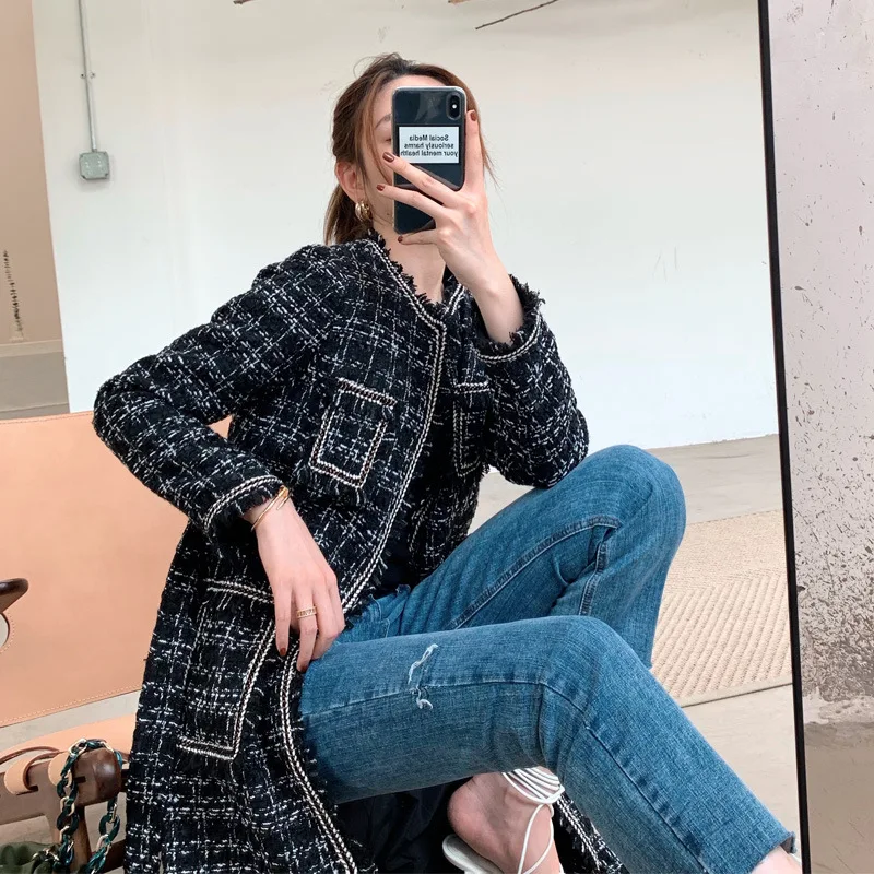 Autumn Winter Jacket Women Belt Pockets Casual Female Outwear Thin Black Checkered Tweed Plaid Long Loose Coat