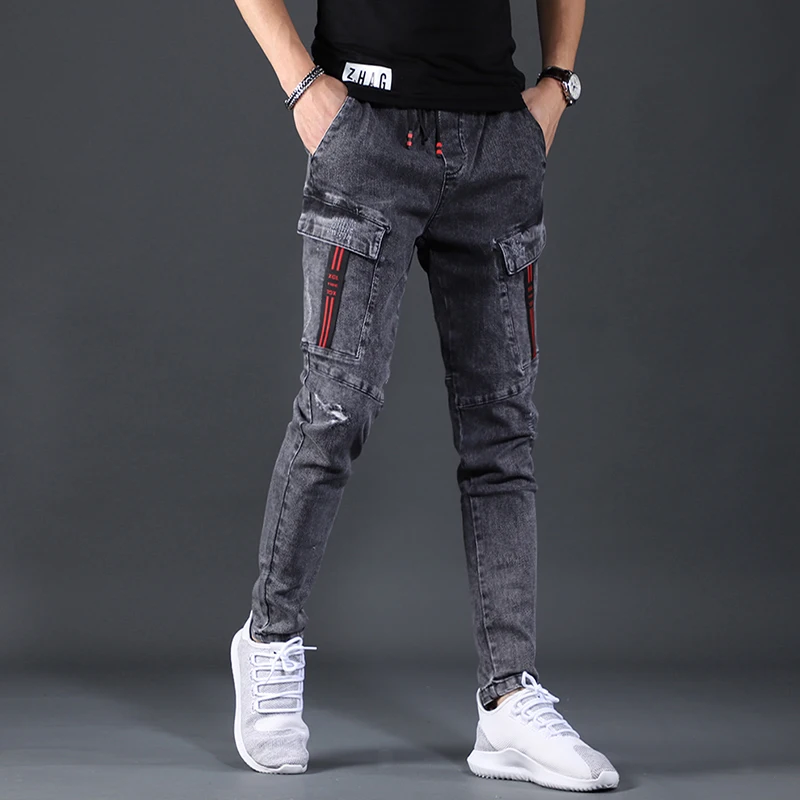 Autumn Cargo Pants Stretch Jeans Men's Fashion Slim Fit Elastic Waist Korean Style Casual Dark Gray Denim Trousers