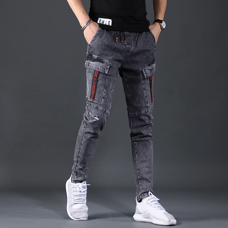 Autumn Men's Cargo Pants Elastic Waist Jeans Fashion Korean Style Casual Dark Gray Slim Fit Denim Trousers
