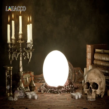 

Laeacco Halloween Backdrops Skull Bones Candlestick Books Light Photography Backgrounds Horrible Party Photophone Photo Studio