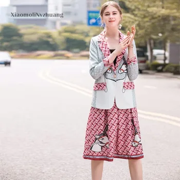 

Xiaomoli Suit collar double horse head print contrast top knee length half dress suit spring 2020 new women's two piece set