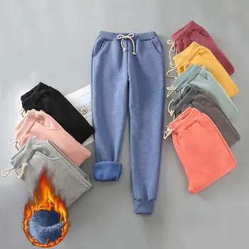 

Women Autumn Solid Color Drawstring Pockets Skinny Thickened Warm Pencil Pants