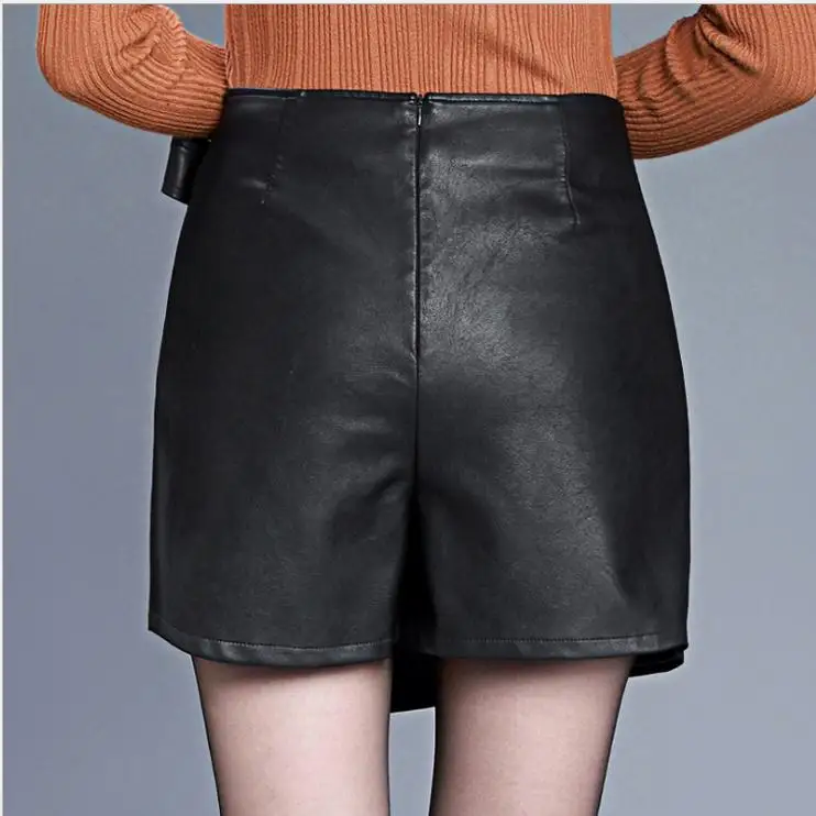 Женские весенне-осенние юбки а-лин с высокой талией, черные модные шорты большого размера из искусственной кожи, обтягивающие широкие шорты K1235