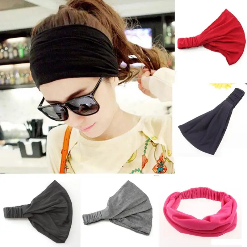 Women Turban Vintage Elastic Headband Lace Wide Ribbon Hair Bands Twisted Knotted Bandanas Solid Color Scarf Headwrap |