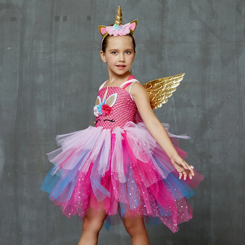 Glittery Unicorn Princess Pageant Flower Girl Tutu Dress Kids Party Costume with Headband and Wings Halloween Cosplay Girl Dresses (2)