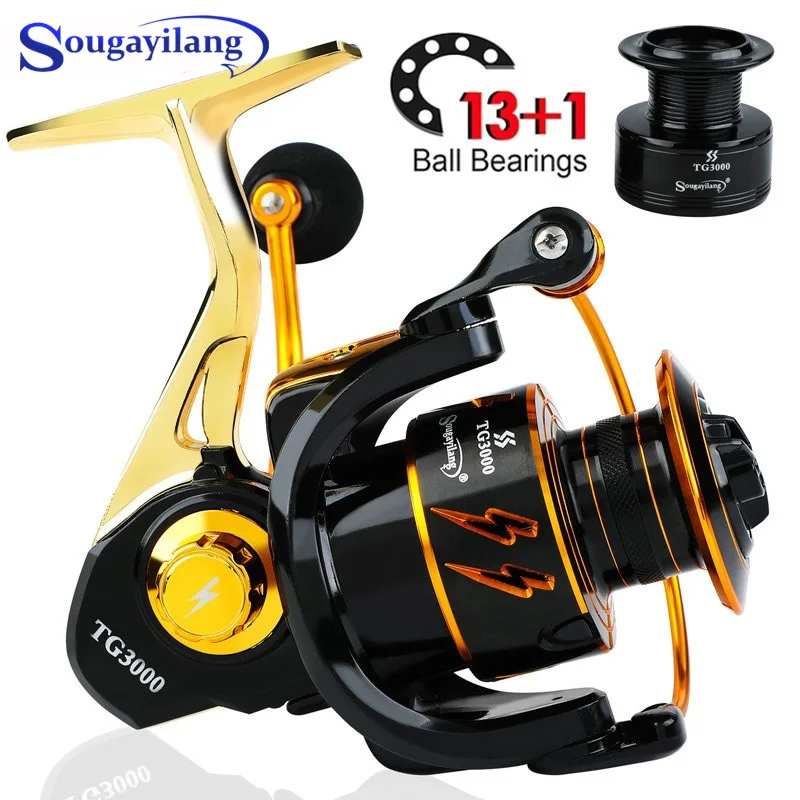 

Sougayilang Spinning Fishing Reel 8kg Drag Power 13 +1BB 5.0:1 Saltwater Bass Pike Fishing Lure Wheel with Free Spare Spool