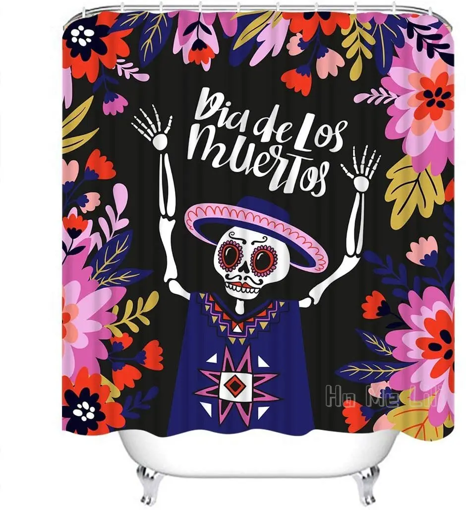 

Мексиканский Скелет с цветочной надписью, праздничный Забавный Водонепроницаемый декоративный Комплект для ванной из полиэстера с крючками