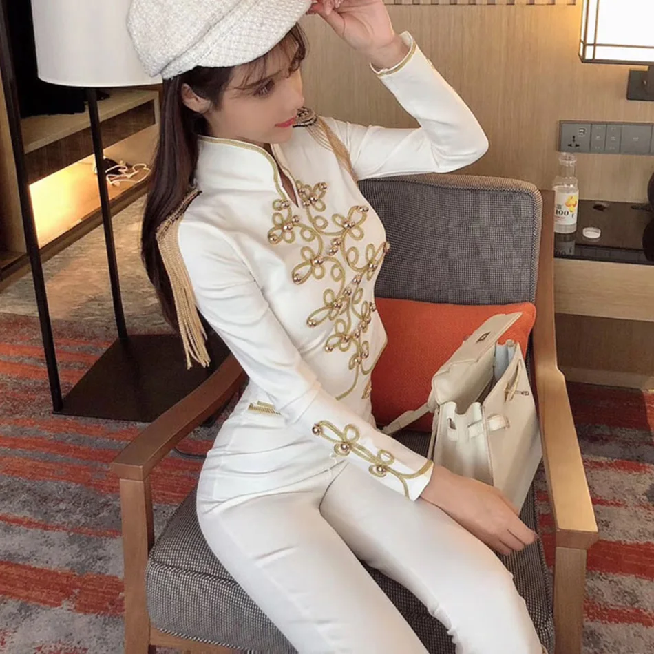 New Autumn And Winter Ladies Club Bandage Suit Black White Fringed Shirt And Pants 2 Pieces Two-Piece Club Party Suit