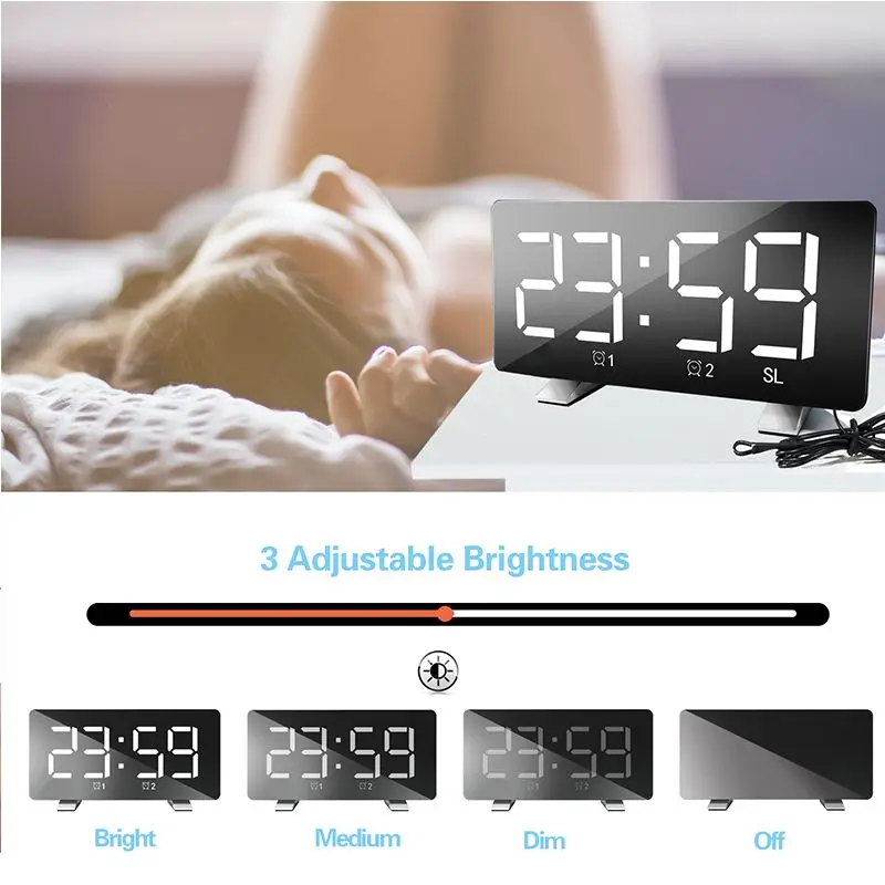  USB LED Alarm Clock FM Radio Digital Snooze Table Clock Wake Up Light Electronic Clock Dual Alarms 