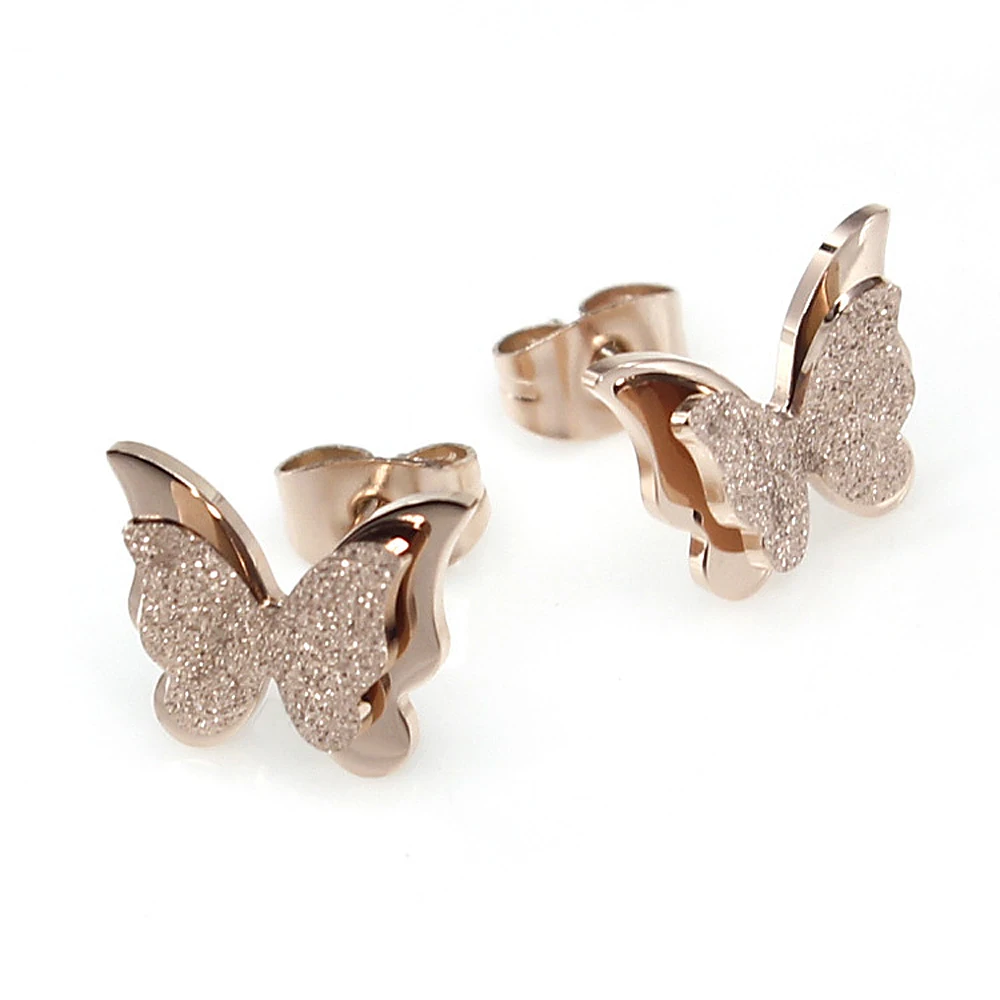 

fashion stainless steel Frosted butterfly stud earrings for women Rose gold jewelry accessories aretes de mujer acero inoxidable