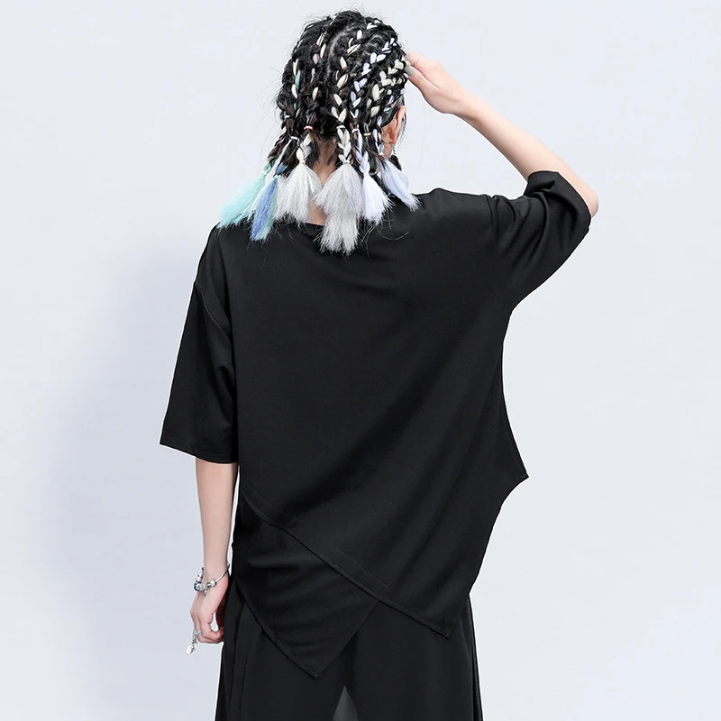 [EAM] Women Black Irregular Big Size T-shirt New Round Neck Three-quarter Sleeve  Fashion Tide  Spring Summer 2020 1Z356