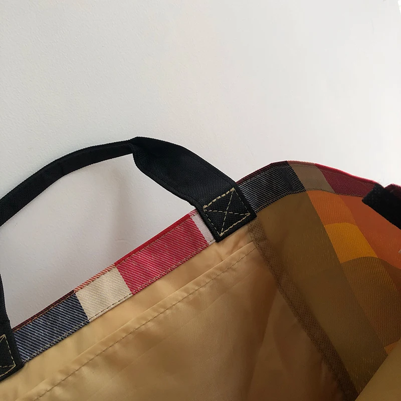 Black Red Grid Prints Shopping Bag Folded Woman Handbags Girl Book Bags Portable Shopping Handbag Recycling Eco Tote Organizer