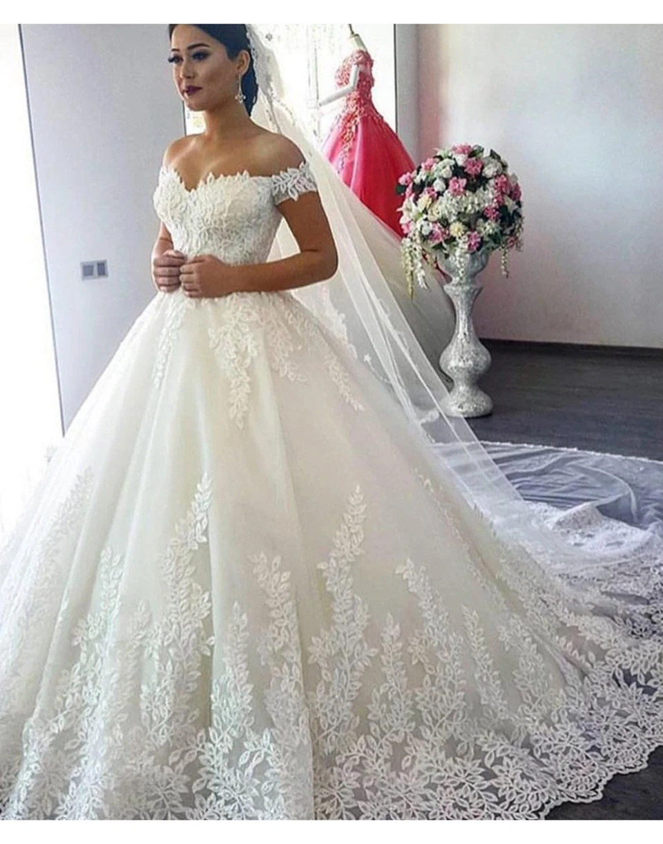 beach wedding dresses White/Ivory Wedding Dresses 2022 Off The Shoulder Appliques Lace Elegant Bride Dress Ball Gown Princess Luxury Wedding Gowns off the shoulder wedding dress