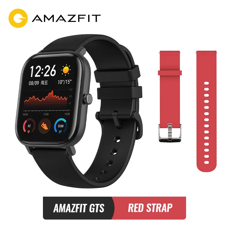 Black add red str Глобальная версия Amazfit GTS, Смарт-часы, умные часы, gps, спортивные часы для бега, пульсометр 5 АТМ, водонепроницаемый браслет, AMOLED экран - Цвет: Black add red str