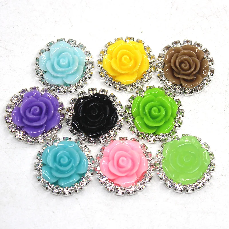Round Resin Flower Flatback, Shiny Rhinestones, DIY Hair Accessories, Interchangeable Button, 19 Color, 18mm, 10Pcs 5
