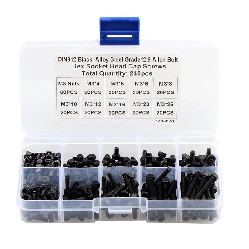 

240pcs M3 Black High Strength Hexagon Hex Socket Cap Head Screw Kit 12.9 Grade Carbon Steel Allen Screw with Nut Combination Set