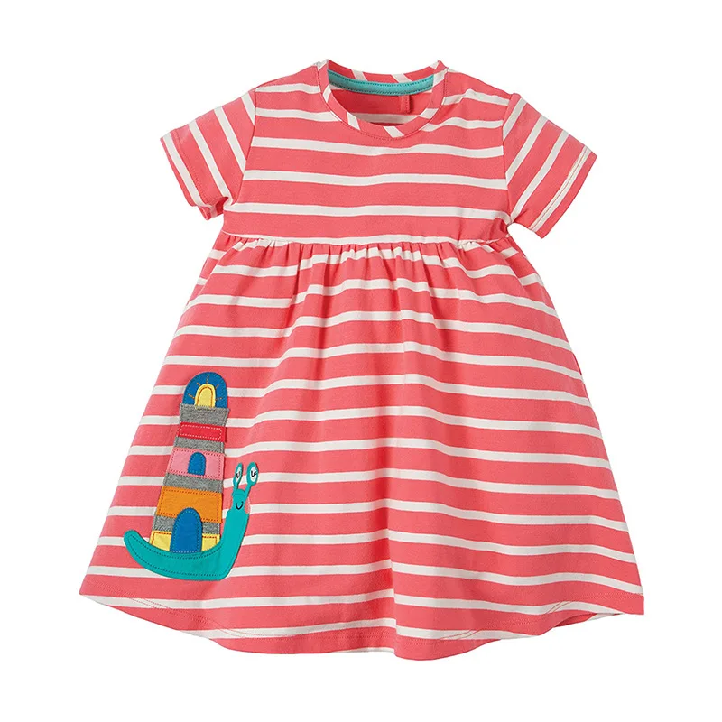 

Summer New Style Europe And America Brand Childrenswear Knitted Pure Cotton Girls Dress Short Sleeve Striped Cartoon Childrenswe