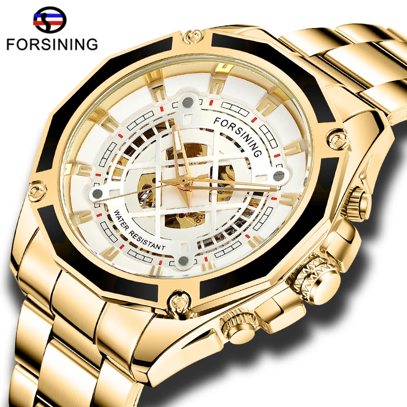

Top Brand FORSINING Men Gold Black 3D Dial Auto Mechanical Watch Stainless Steel Luxury Skeleton Luminous Waterproof Wristwatch