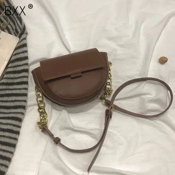 

[BXX] PU Leather Saddle Bag For Women 2020 Spring Fashion Shoulder Messenger Bag Lady Solid Color Chain All-match Handbags HK468