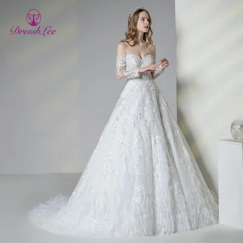 DressbLee Новое поступление свадебное платье с длинными рукавами кружевное вышитое бисером свадебное платье со шлейфом