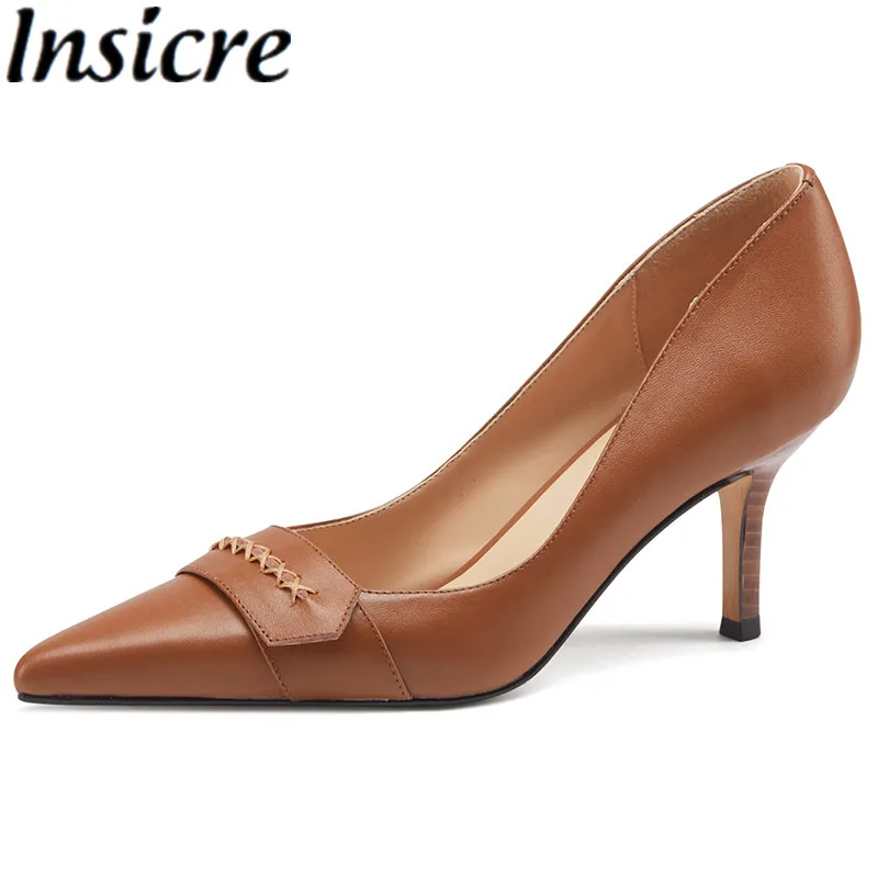 

Insicre 2021 Summer Sexy Women Pumps Pointed Toe Cow Leather Thin High Heel Shoes Brown Shallow Big Size 43 Office