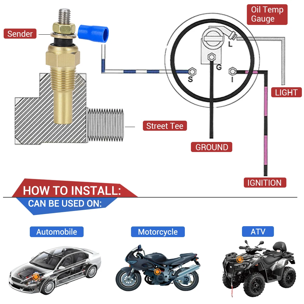 2 Pieces 12V 1/8 NPT Racing Car Oil Temp Sensor Water Temperature Sensor Water Temp Gauge