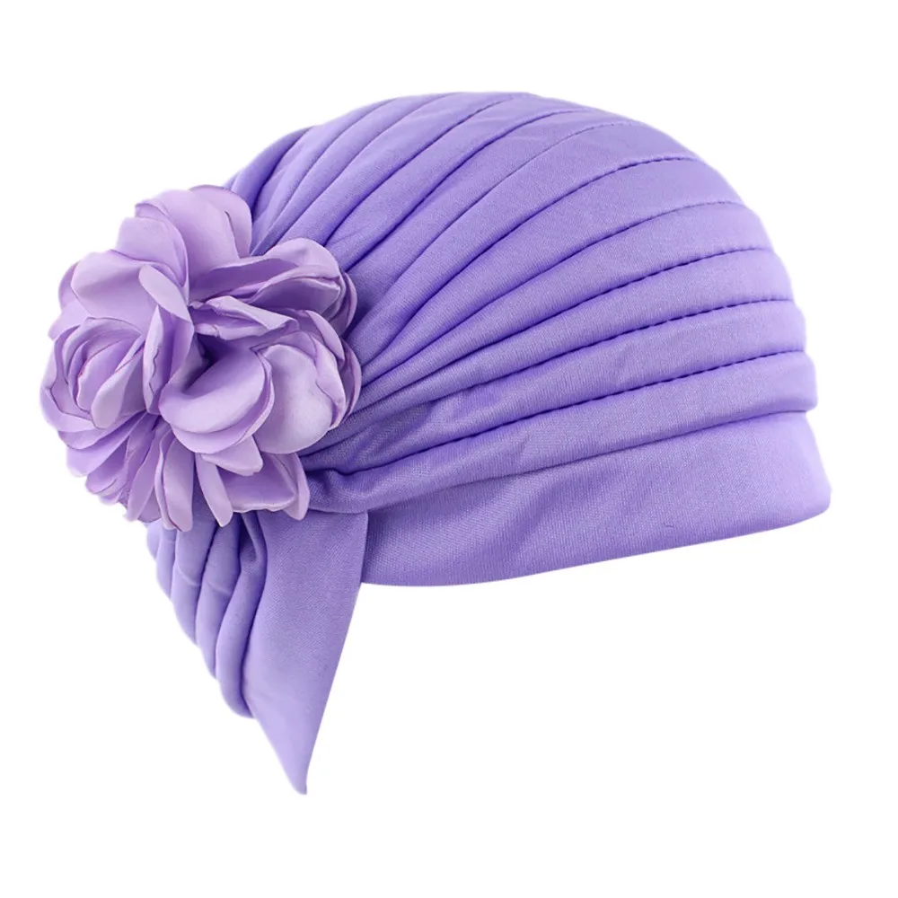 Purple Female Soft Head Wrap Cap Messy Bun Hats Casual Women India Muslim Stretch Retro Solid Floral Turban Hat Head Scarf Wrap Cap - Цвет: Purple