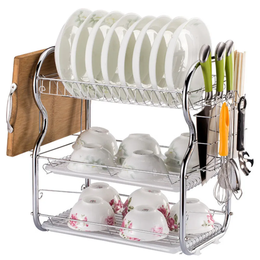 

Multifunctional Storage Rack Dish Drying Rack 3-Tier Chrome Dish Drainer Rack Kitchen Storage with Drainboard and Cutlery Cup Di