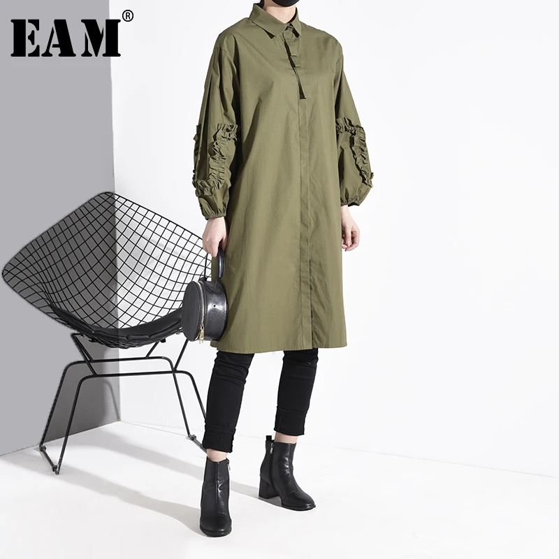 

[EAM] Women Ruffles Split Joint Big Size Long Blouse New Lapel Long Sleeve Loose Fit Shirt Fashion Spring Autumn 2020 1S027
