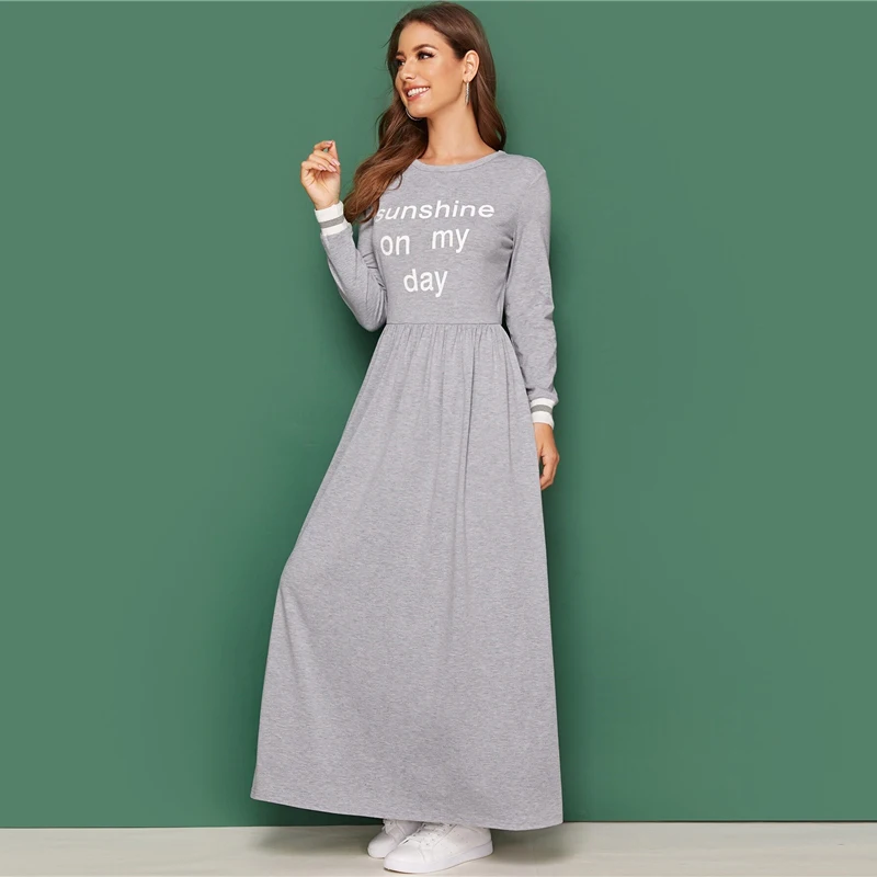 Dotfashion повседневное женское платье трапециевидной формы с буквенным принтом, осень, серое платье с отделкой манжетами, женское Платье Макси
