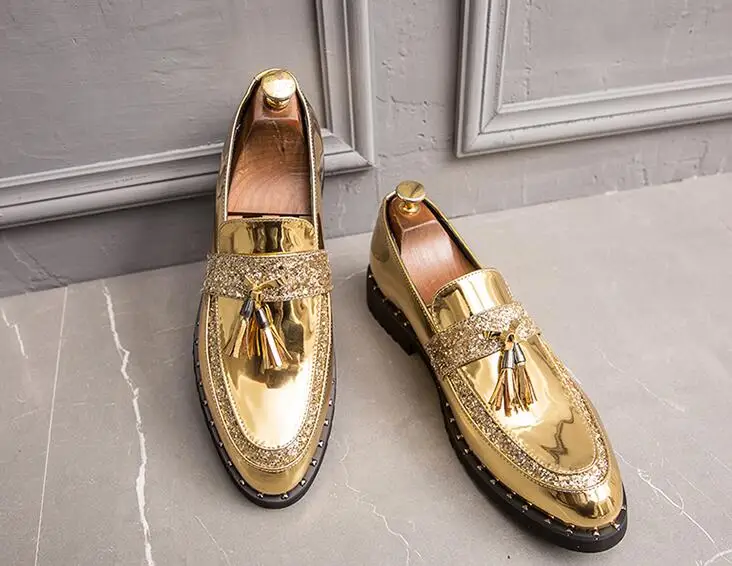 Designer New glitter Gold pointed rivet tassels oxfords shoes Wedding Flats Dress Homecoming Prom Formal shoes zapatos hombre