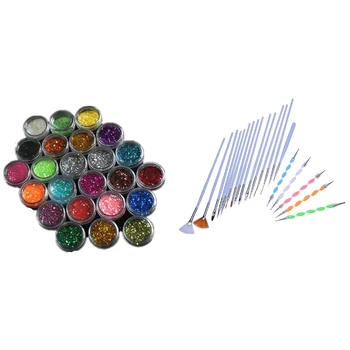 

20Pcs Nail Art Dotting Painting Polish Brush Pen Tools & 1 Set 24 Colors Bright Acrylic Sequins UV Nail Art Decoration