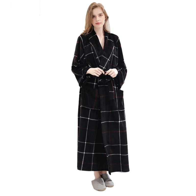 Autumn And Winter Robe Solid Color Lace-up Flannel Couple Nightgown Pocket Long Home Robe - Цвет: B