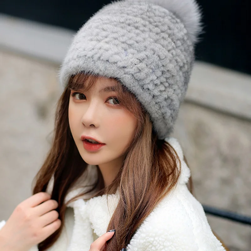 

New Design Women Genuine Mink Fur Hats Winter Fashion Knitted Fur Caps Female Fox Fur Pom Beanie S7712
