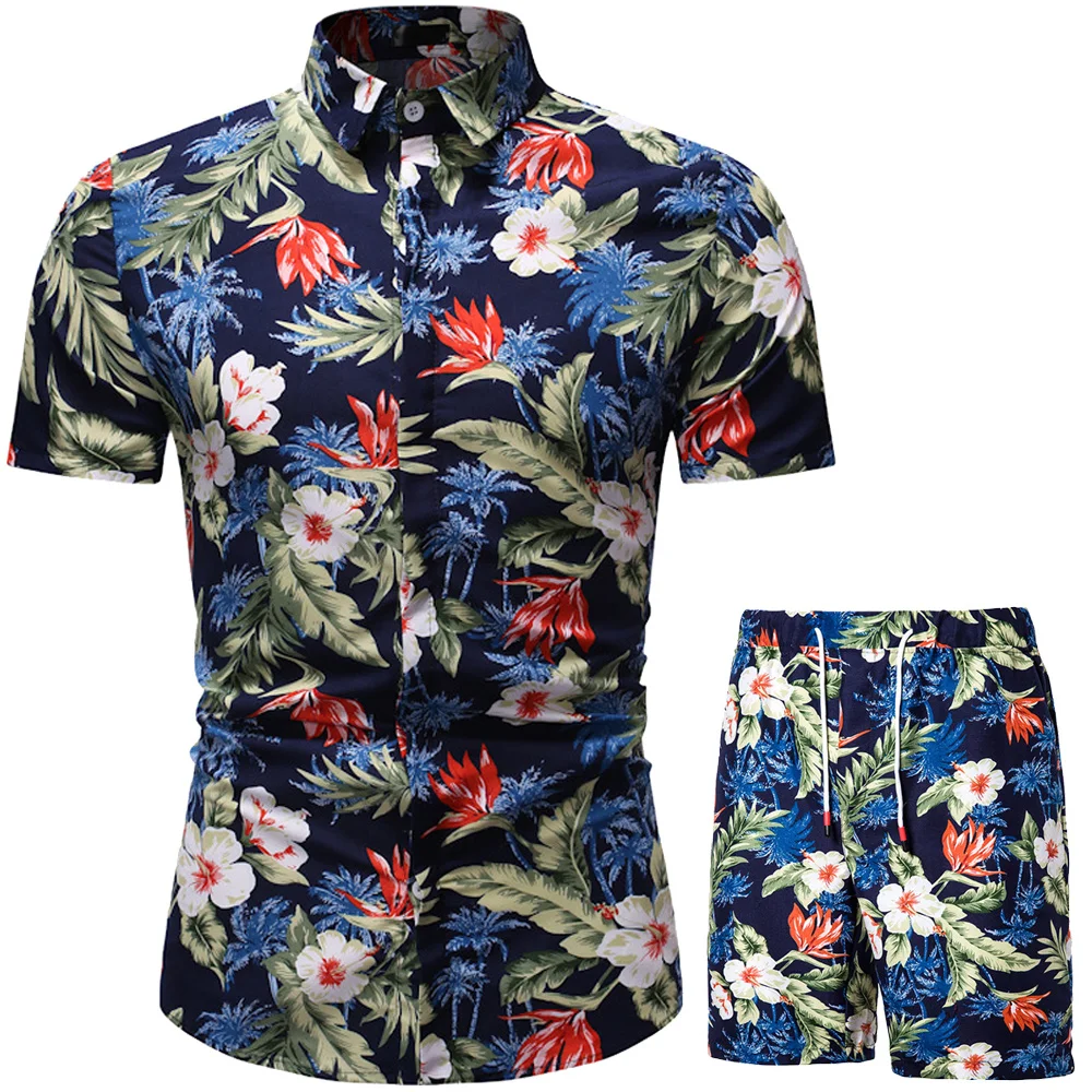 Mens Summer Male Outfits Shirt-Set Two-Piece-Set Hawaiian Beach Short Holiday-Wear Print