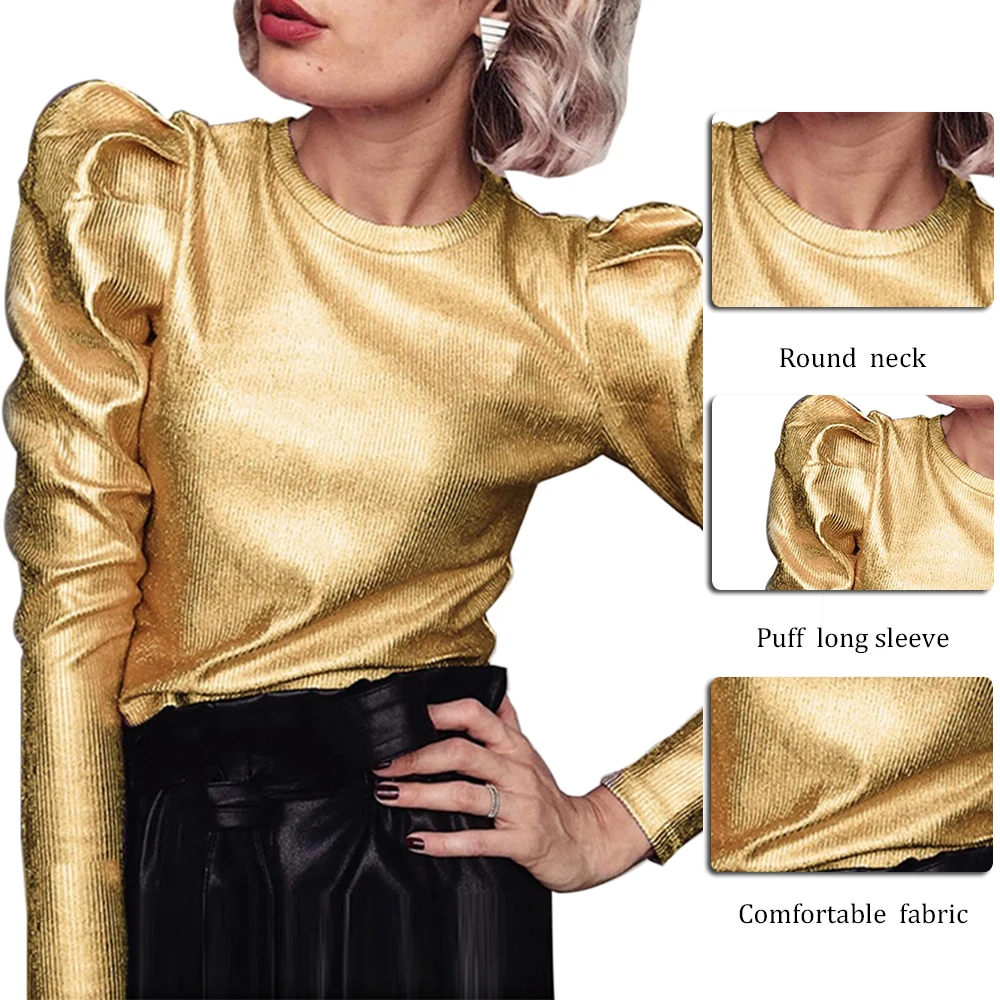 Прямая поставка, осенняя Золотая Бархатная пышная блуза с длинным рукавом, Повседневная рубашка, Женская Весенняя приталенная рубашка с круглым вырезом, модная уличная одежда