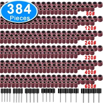 

384 Pieces Rotary Tool Sanding Band Sleeves Accessories Work Nail Grinding Mandrels Drum Sander Set Drilling Abrasive For Dremel