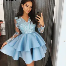 Синие красные платья для выпускного вечера с длинным рукавом v-образным вырезом ярусный сатин выше мини элегантное Королевское синее коктейльное платье