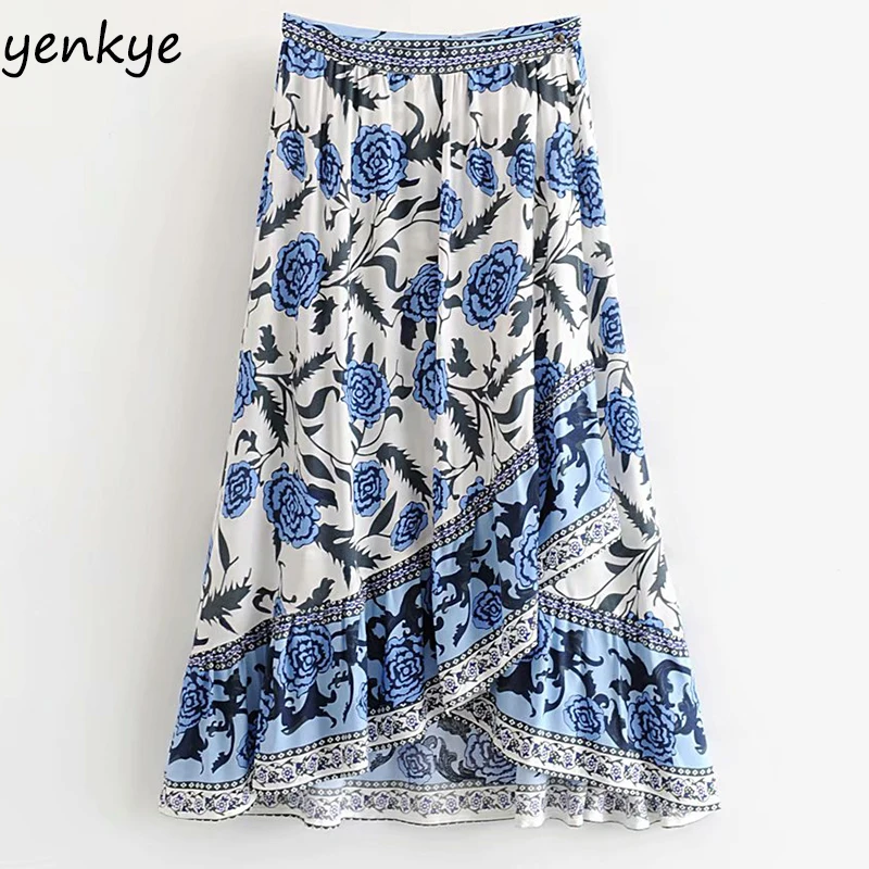 

Skirts Womens Blue Floral Print Holiday Summer Skirt Female Wrap-Style High Waist A-line Boho Long Skirt jupe femme