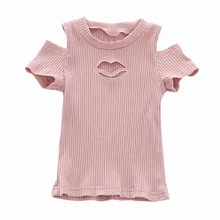 Летняя хлопковая дышащая футболка для маленьких девочек; однотонные топы с принтом; блузка с короткими рукавами; детская повседневная футболка с открытыми плечами