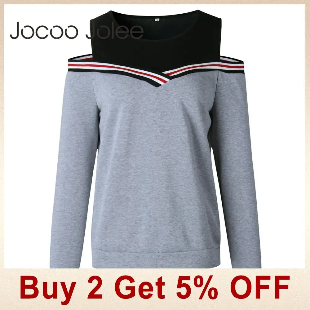 Jocoo Jolee женские Лоскутные толстовки с открытыми плечами Топ Джемпер Толстовка Осень Зима пуловер с круглым вырезом спортивный костюм женские топы