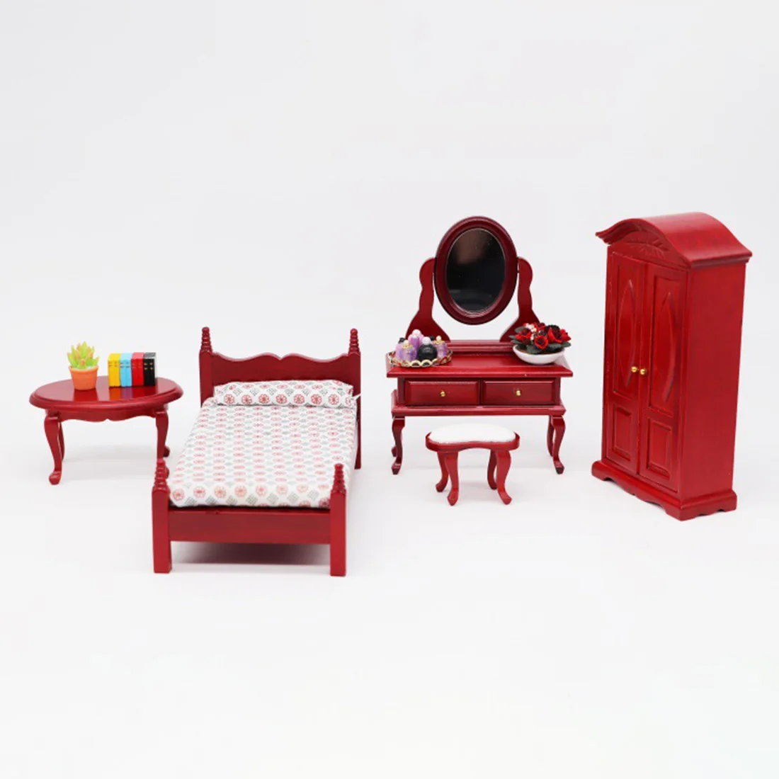  1/12 Scale Miniature Dollhouse Pocket Dressing Table Stool Set - Mahogany Colour