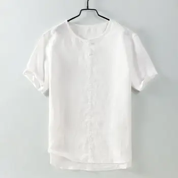 

100% Linen Top quality 2019 Summer New Men's short sleeve shirts chinese style casual solid color mens shirts fashion mens tops