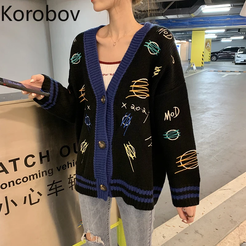 

Korobov Preppy Style Cartoon Embroidery Female Cardigans Korean Long Sleeve V-Neck Sweaters Harajuku Knitted Sueter Mujer 79208