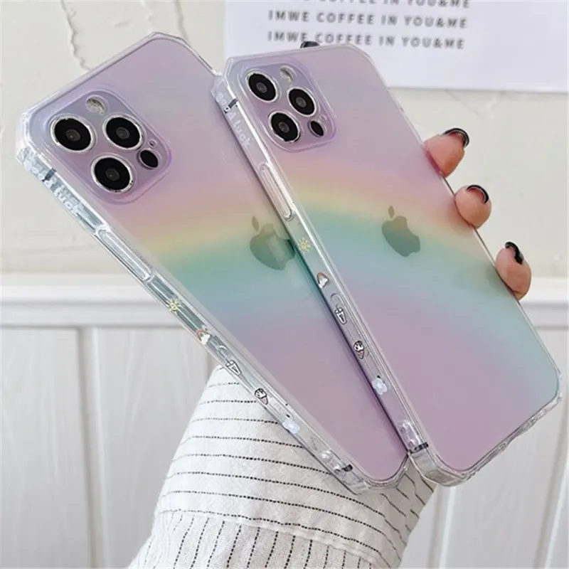 Rainbow Transparent Phone Case For iPhone 13 11 12Pro Max XR X XS Max 7 8 Plus 11 12Pro Soft Square Shockproof Bumper Back Cover