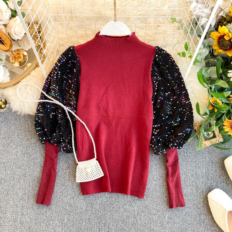 ALPHALMODA; модная блестящая обувь с длинным рукавом милые Вязание свитер Топ Фонари Лоскутная одежда с длинным рукавом дамы модный джемпер наряд