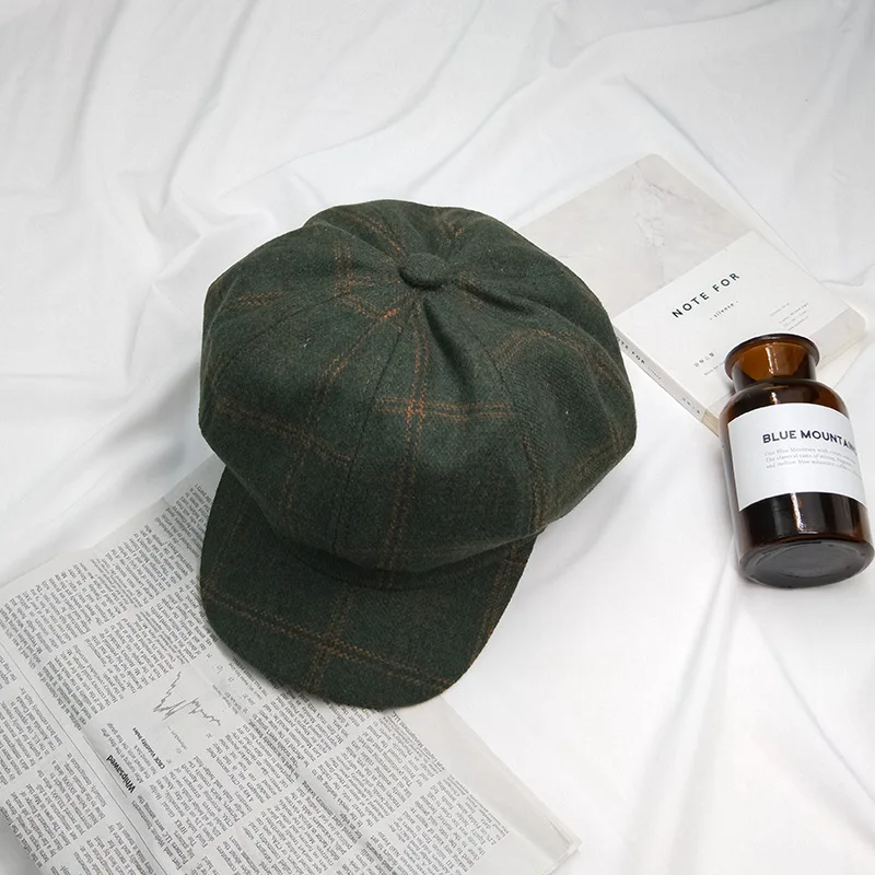 Dark Green Шляпа утконоса, шапка художника, художественная Ретро клетчатая Берет шерстяной восьмиугольный колпачок, крутая осенне-зимняя хлопковая шапка в японском стиле для отдыха - Цвет: Dark Green